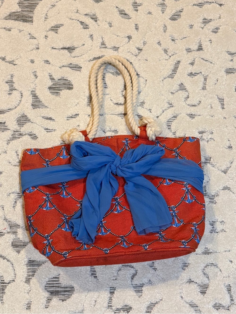 Mudpie Nautical Knot Embellished orange beach bag Tote with Blue Bow like new